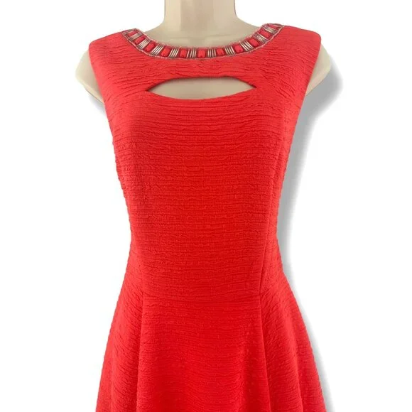 Sandra Darren Orange Coral Beaded Cutout Neckline Fit & Flare Dress Size 14 - Picture 2 of 10